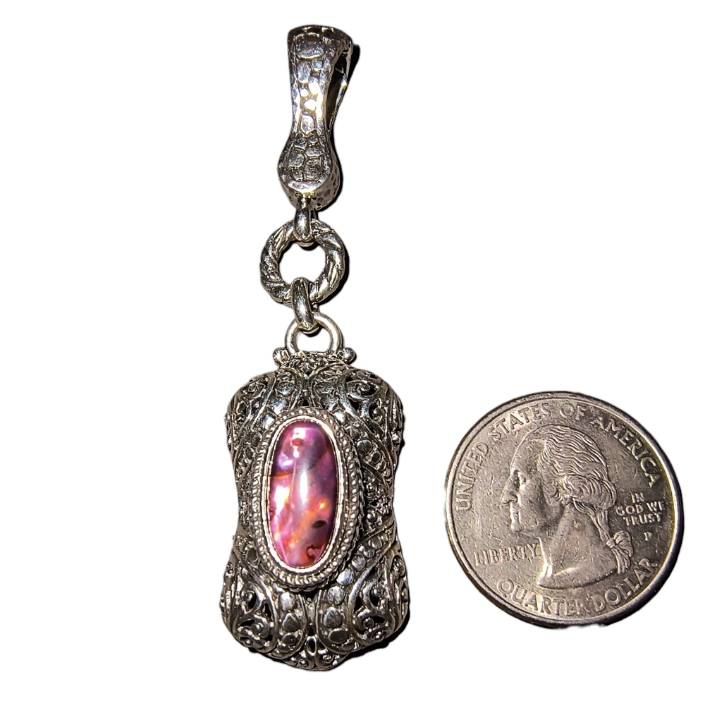 Sarda Bali Pink Abalone Quartz Triplet Pendant Enhancer Magnetic Clasp Mint - Picture 4 of 10